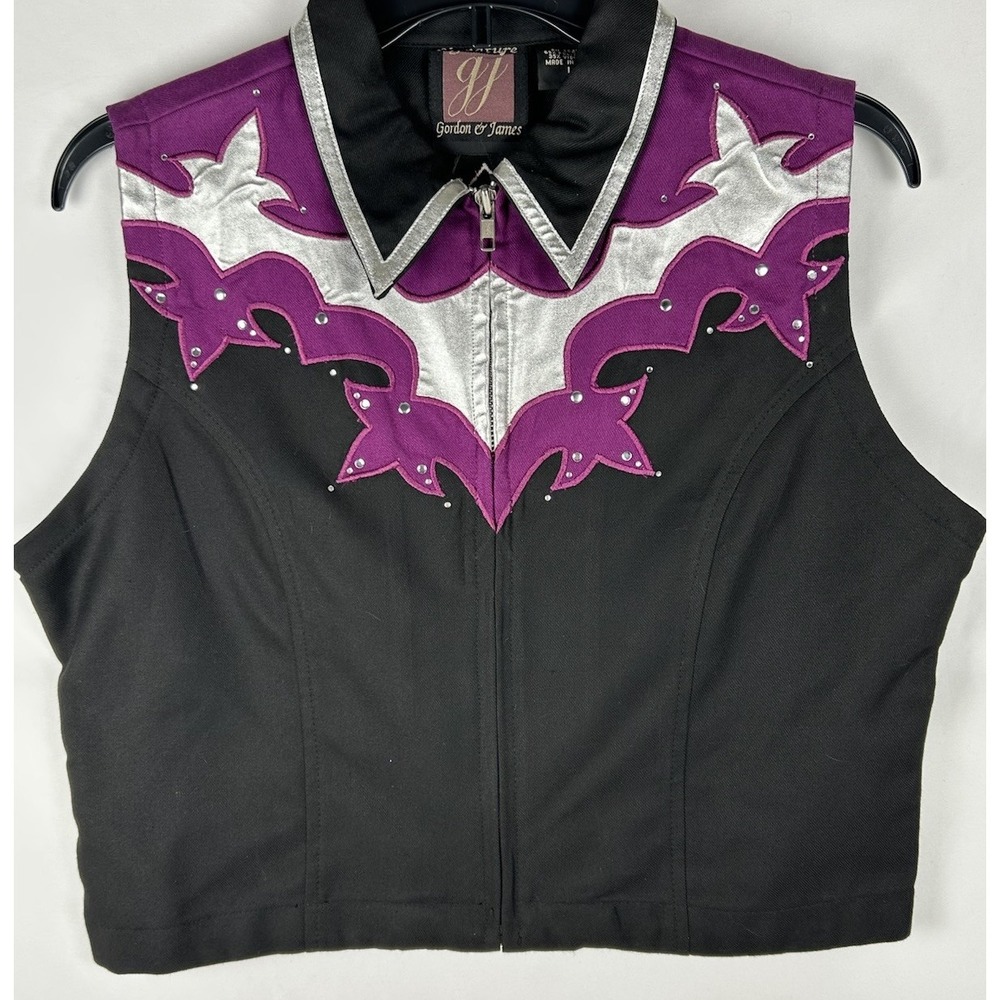 Gordon & James Black Purple Sequined Show Vest Womens L Zip Up Western Rodeo